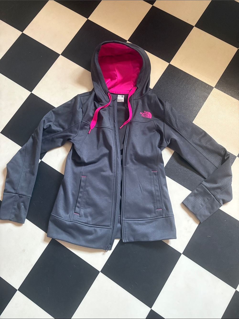 The North Face Fave grey and pink full-zip hoodie.